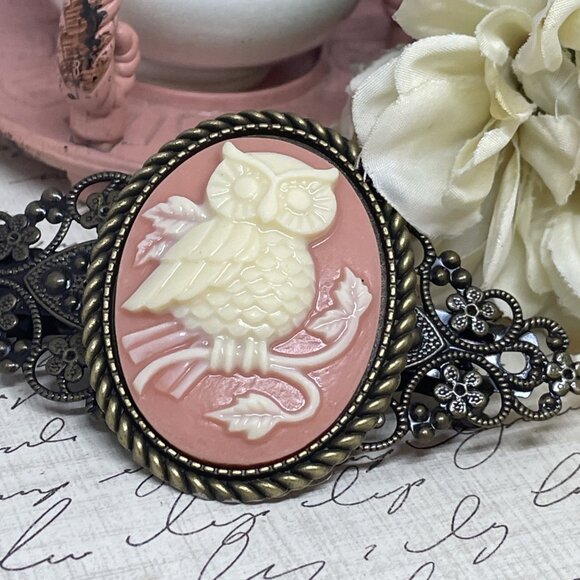 Peach FESTIVAL Owl Barn Tree Gothic Green Wh Cameo Wedding Prom Pin Hair Clip - Picture 6 of 10